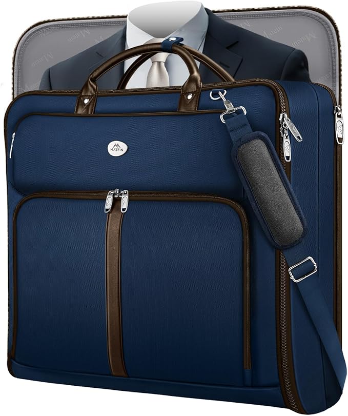MATEIN Suit Bag Travel, Large Travel Garment Bag Up to 7 Suits with Strap, Business Foldable Garment Carrier Fit 17.3 inch laptop, 2 in 1 Carry On Hanging Luggage Suitcase with Shoe Compartment, Blue