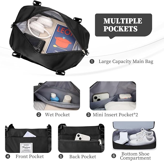 Weekender Bags for Women,Extra Larg Travel Duffle Overnight Bag with Shoe Compartment,Personal Item Carry On Bag,Black,3 Pcs Set
