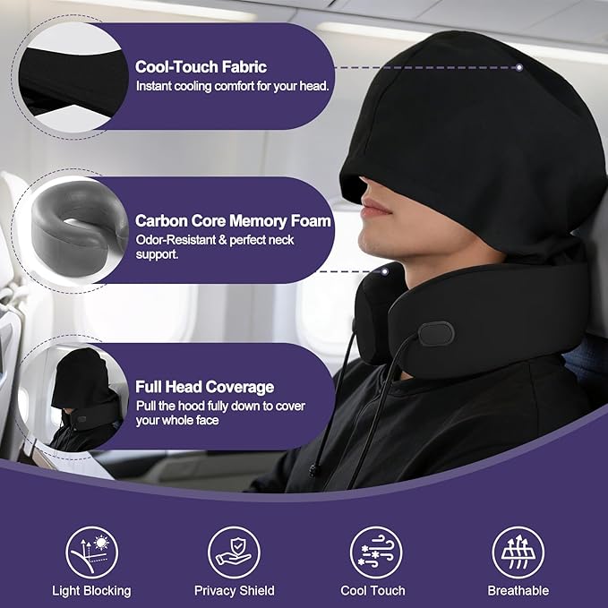 Neck Pillow for Travel, Premium Carbon-Infused Memory Foam, Cooling Fabric Pillow for Airplane, 360° Neck Support for Long Flights, Hooded Travel Pillowl for Planes, Cars and Office, Hooded, Black
