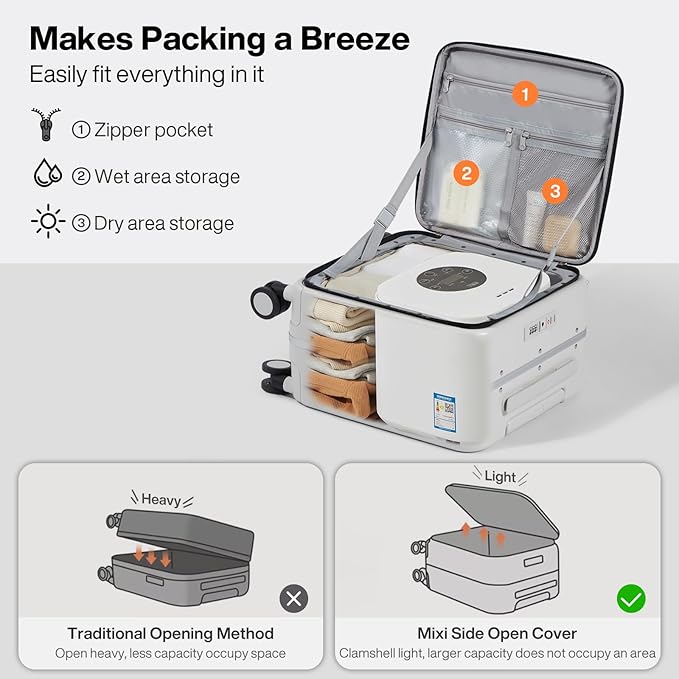 mixi 17x14x9 Carry On Luggage Underseat PC Hard Shell Suitcase Top Opening Aluminum Frame Travel Suitcases with Wheels, Smoke White