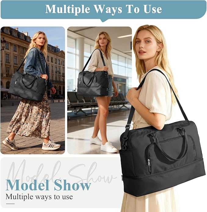 Weekender Bags for Women, Travel Duffel Overnight Carry On Weekend Bag with Shoes Compartment & Toiletry Bag,Black