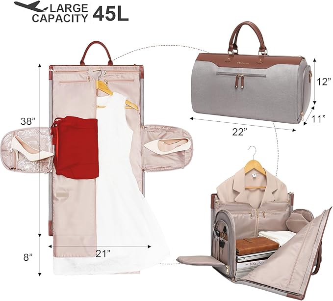 Modoker Convertible Garment Bag with Shoulder Strap, Carry on Garment Duffel Bag for Men Women - 2 in 1 Hanging Suitcase Suit Travel Bags, Caramel