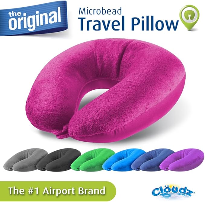 Cloudz Dual Comfort Microbead Airplane Travel Neck Pillow. Soft Cozy Plush Fabric on One Side, Cool Relaxing Spandex on The Other! Customize Your Comfort and Support at Home or On The Go! Bright Pink