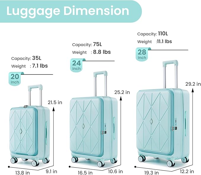 3 Piece Luggage Set 100% PC Hardshell, Front Opening Expandable Suitcase (20/24/28) with Laptop Compartment & Free Custom PVC Covers, Trunk Style Lightweight Spinner Wheels TSA Lock