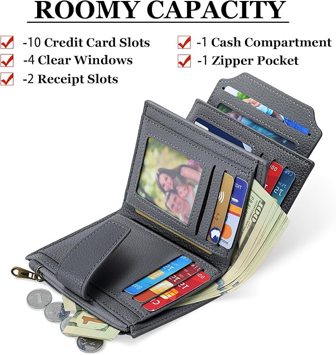 Airkit Small Wallet Women RFID Blocking Soft Leather Bifold Compact Card Holder Wallet for Women with Zipper Coin Pocket 4 ID Window