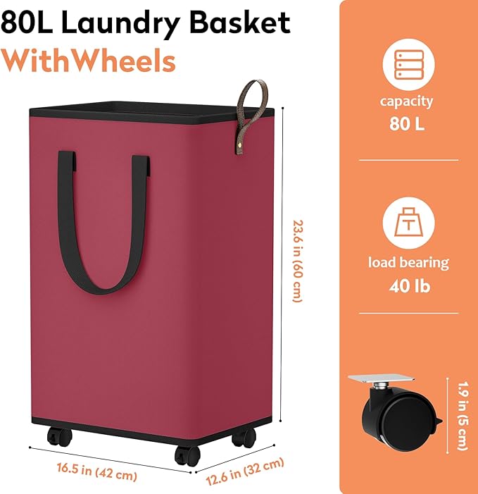 Laundry Basket with Wheels, Collapsible Laundry Baskets, Laundry Hamper with Handles Detachable Wheels, Rolling Laundry Basket, Dirty Clothes Hamper for Bathroom, Dorm, Bedroom, Red, 80L