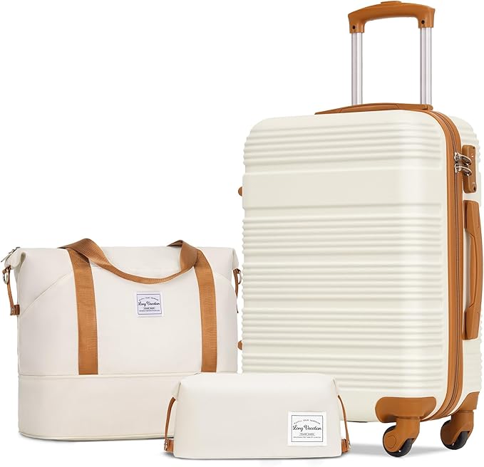 LONG VACATION 3 Piece Carry On Luggage 20 Inch Carryon Suitcase with Spinner Wheels, ABS+PC Hardshell Suitcase set with TSA Lock & YKK Zipper