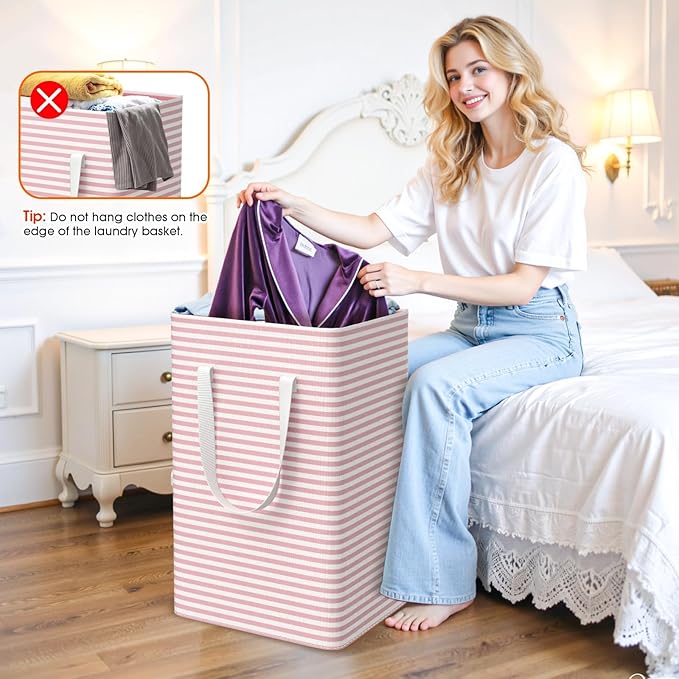 3 Pack Large Laundry Basket,Waterproof & Freestanding Laundry Hamper,Collapsible Clothes Hampers with Easy Carry Long & Reinforced Handles in Bathroom,College Dorm(75Lx3,Pink)
