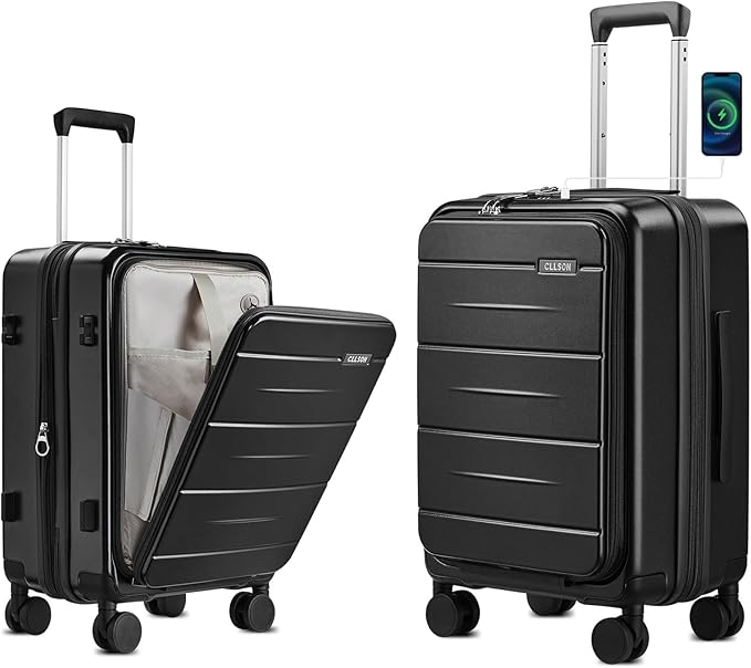 Carry On Luggage with Top Opening, Expandable with Front Pocket and USB Charging Port, Lightweight with Front Compartment Rolling Suitcases with Spinner Wheels (Black, 20 Inch)