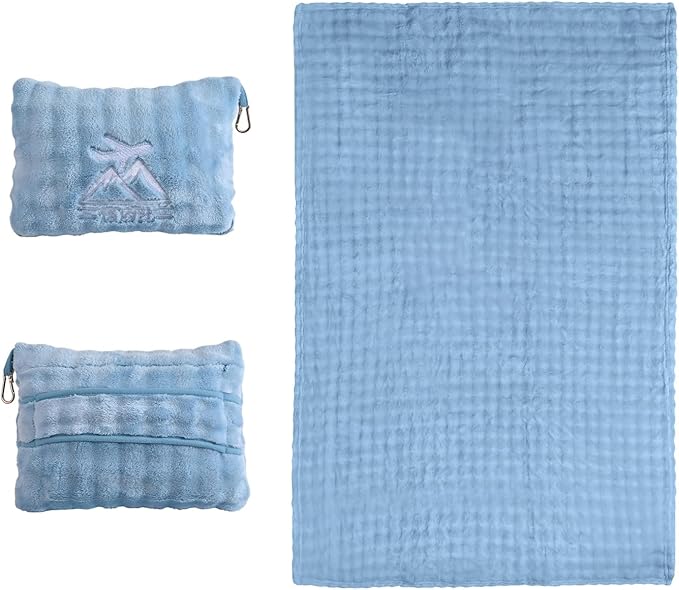 Travel Blanket and Pillow-2-in-1, Ultra-Soft&Compact, Airplane Blanket with Hand Luggage Belt and Backpack Clip,Travelers Accessories Gifts, 61x43 Inches（Blue）