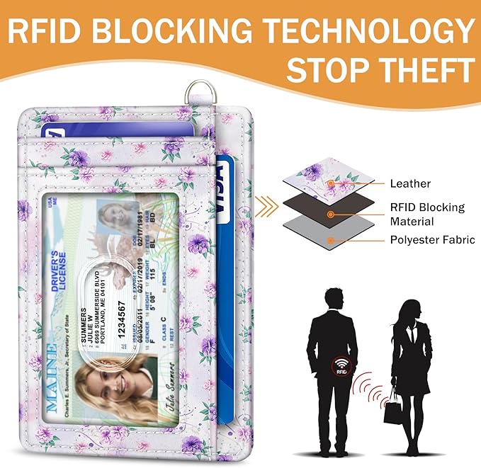 Yonlevres Peacock Credit Card Holder Slim Wallet, RFID Wallet Women Front Pocket Wristlet Lanyard, Small Card Holder Travel Funny Cute Thin ID Window PU Leather Case Organizer Gifts Girls
