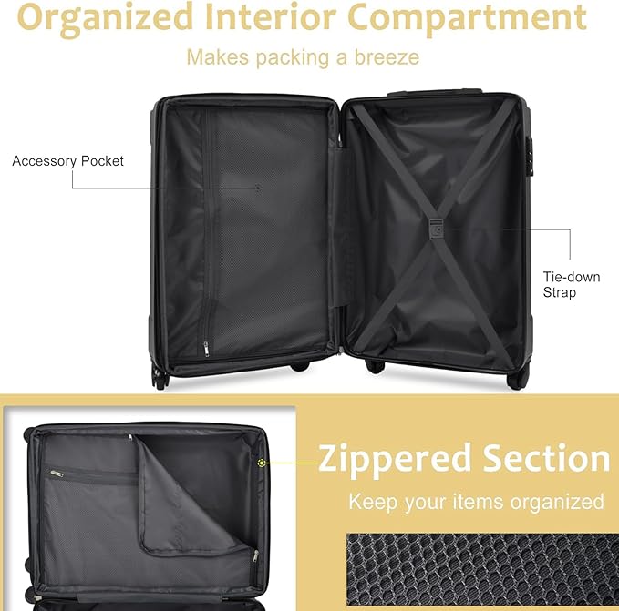 24 Inch Checked-Large Luggage, Lightweight ABS Hard Shell Suitcase with Spinner Wheels, Expandable Travel Luggage with Combination Lock & Side Hooks for Men Women, White Green