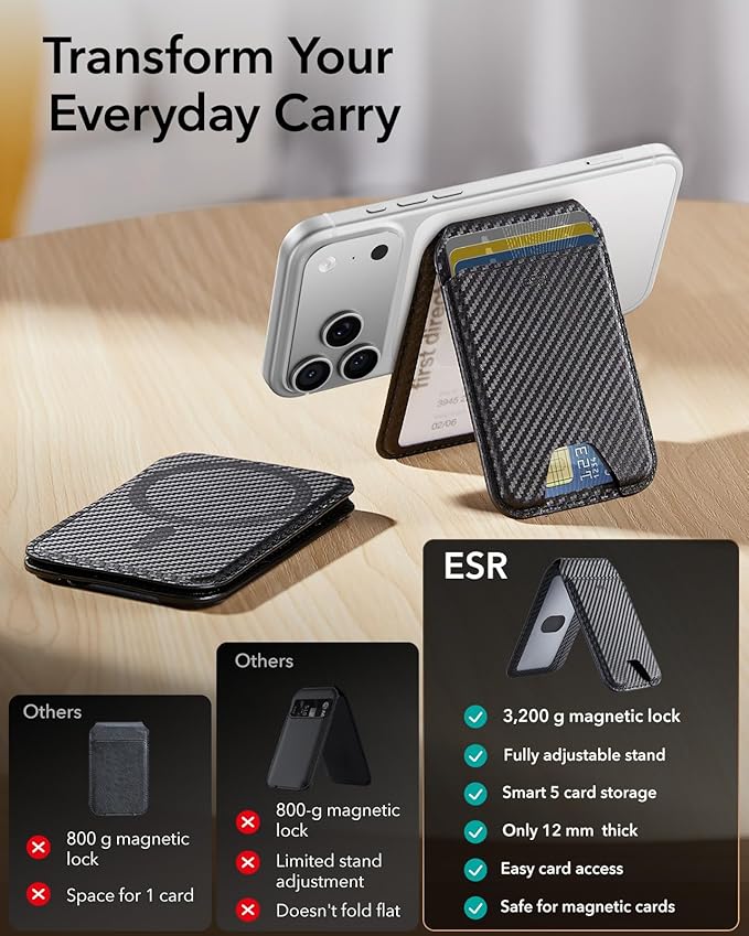 ESR for MagSafe Wallet Stand, RFID Blocking, MagSafe Ring Included, 5 Card Holder for Phone, Magnetic Wallet for iPhone 17e/17/16/15/14/13/12 Series (Not for Mini), Selected Samsung,Black Carbon Fiber