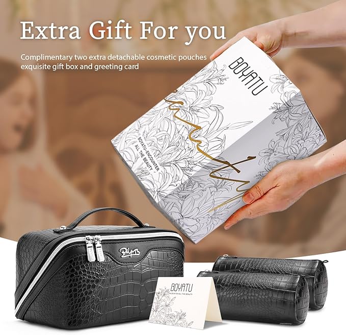 BOYATU Travel Makeup Bag Cosmetic Bags for Women: 3 Pcs Set Large Capacity Make up Bag with Handle - Crocodile Pattern Vegan Leather Toiletry Bags Travel Essentials with Compartments(E-1-Black)