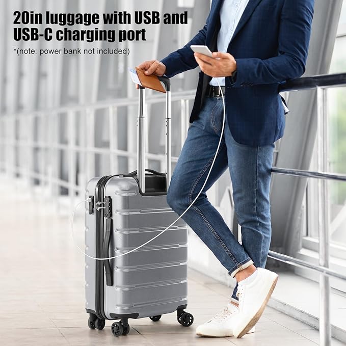 Coolife Luggage Suitcase Carry-on Spinner TSA Lock USB Port Expandable (only 28’’) Lightweight Hardside Luggage (Silver, S(20in_carry on))