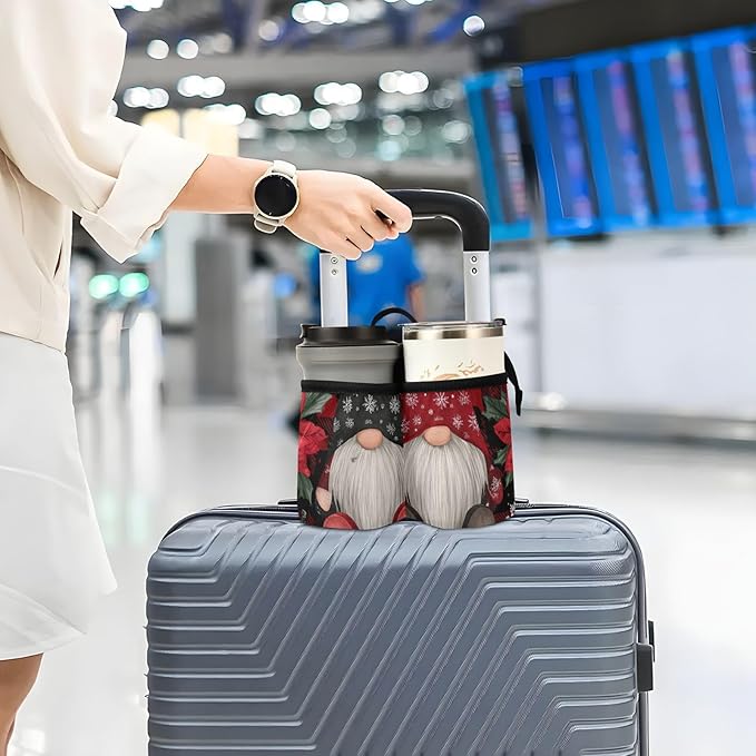 Red Black Checkered Christmas Gnomes Holly Luggage Cup Holder Travel Portable Free Hand Drink Carrier Suitcase Drinks Beverage Holder Carry-On Bottle Mug Holder Organizer Bag Travelers Accesso
