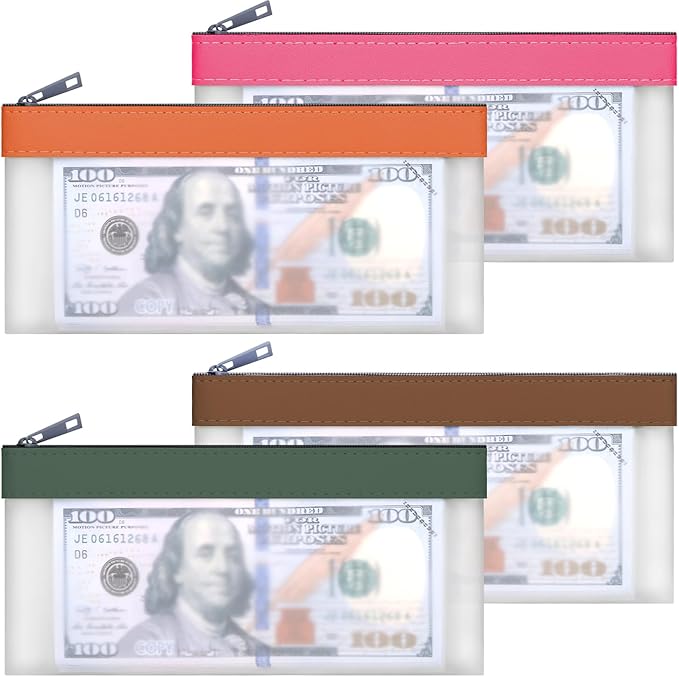 VOCHIC 4-Piece Multi-Purpose Money Pouch Set - Clear Zipper Cash Envelopes, Money Bags 7.6 X 3.7 Inch, Money Bags With Zipper, Bank Deposit Bags With 4 Colors