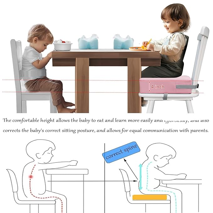 Toddler Booster Seat Dining Table Kitchen Chair, Waterproof Anti-Scratch PU Cushion, Non-Slip Bottom, Adjustable Buckle Straps, Easy Clean Portable Seat Cushion (Pink)