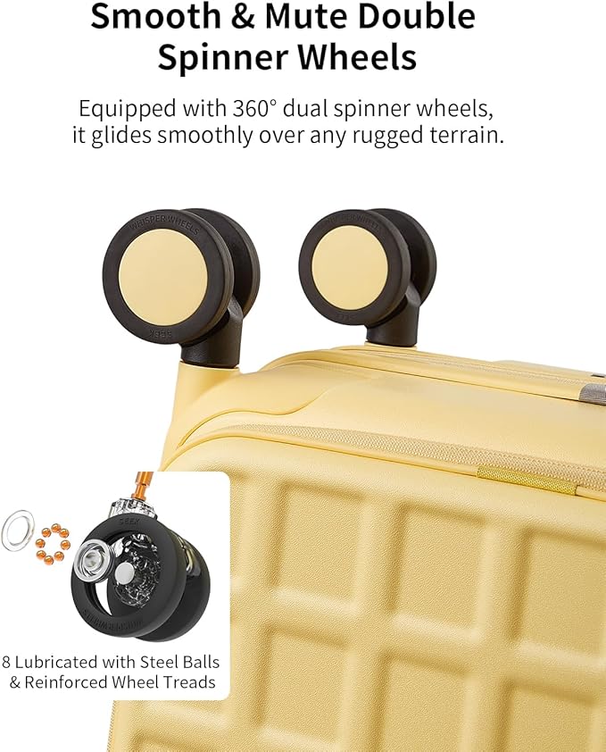 aji Expandable Top Opening 24 Inch Checked Luggage with Spinner Wheels, Large Suitcase with TSA Lock, Hard Shell Travel luggage Suitcases for Men Women, for 12+Days Travel, Cheese Yellow