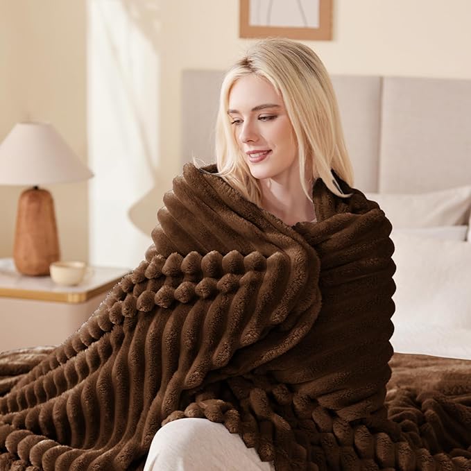 EXQ Home Fleece Throw Blanket for Couch or Bed - 3D Stripe Jacquard Decorative Blankets - Cozy Soft Lightweight Fuzzy Flannel Blanket Suitable for All Seasons(50"×60",Brown)