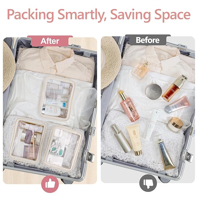 F-color TSA Approved Toiletry Bag 3 Pack Medium - Clear Makeup Bag Travel Quart Size for Women Men, Clear Cosmetic Bag Airport Airline Compliant Carry on Bag, Beige