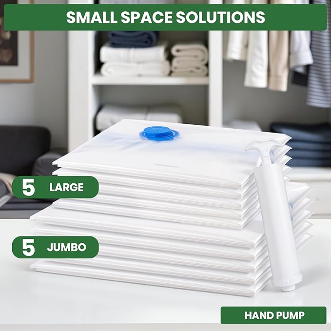 Vacuum Storage Bags,10Pack Vacuum Seal Bags for Clothing,Bedding,Clothes,Comforters,Blankets,Pillows-5 Jumbo+5Large Space Bag Vacuumm Storage Bag Hand Pump Inclued