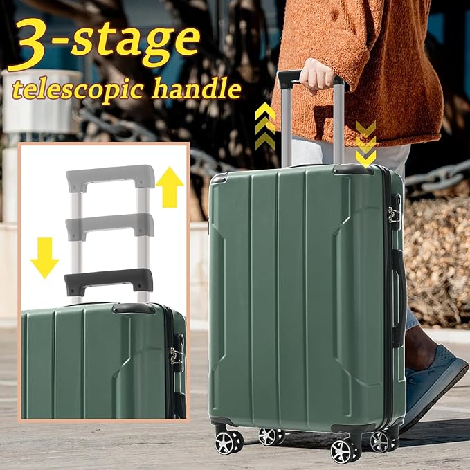 Merax Luggage Set 3 Piece Carry on Luggage, Lightweight Durable Spinner Suitcase with Corner Guards (Green, 20/24/28)