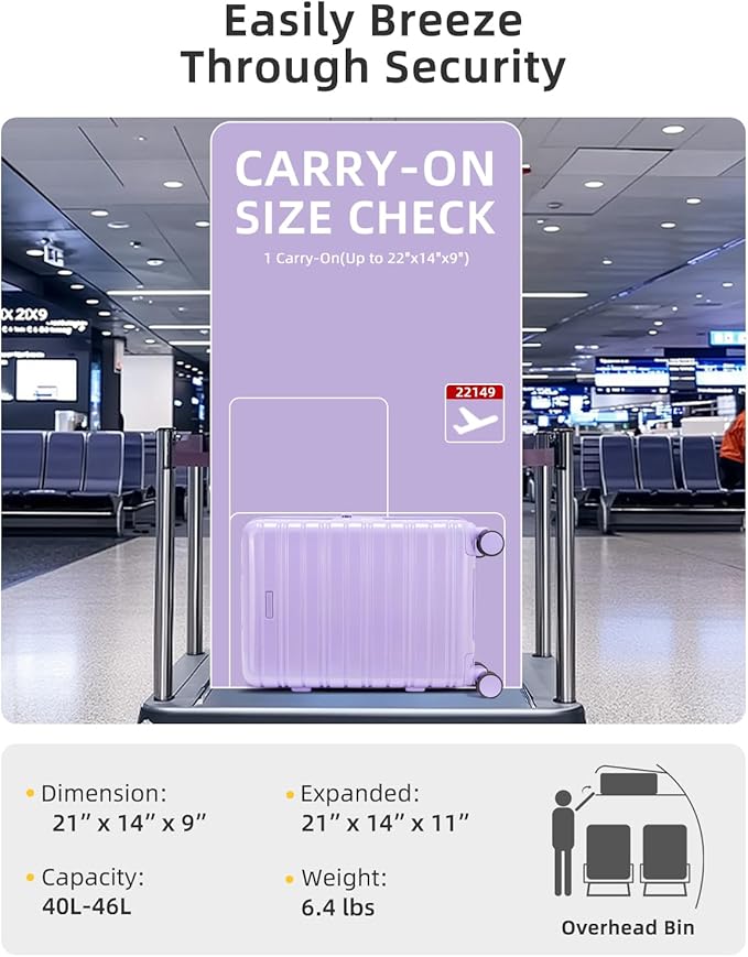 LARVENDER Carry On Luggage 22x14x9 Airline Approved, 20 Inch Expandable PC+ABS Hardside Suitcase Carry On Luggage with Spinner Wheels TSA Lock for Women Men (Lavender)