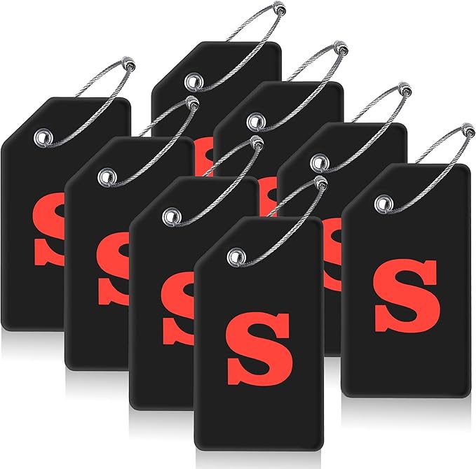 Gostwo 8 Pack Luggage Tags for Suitcases, 26 Initial Letter Travel Luggage Baggage Identification Labels ID Tags Fully Bendable Tags with Stainless Steel Loop (Letter S, Black)