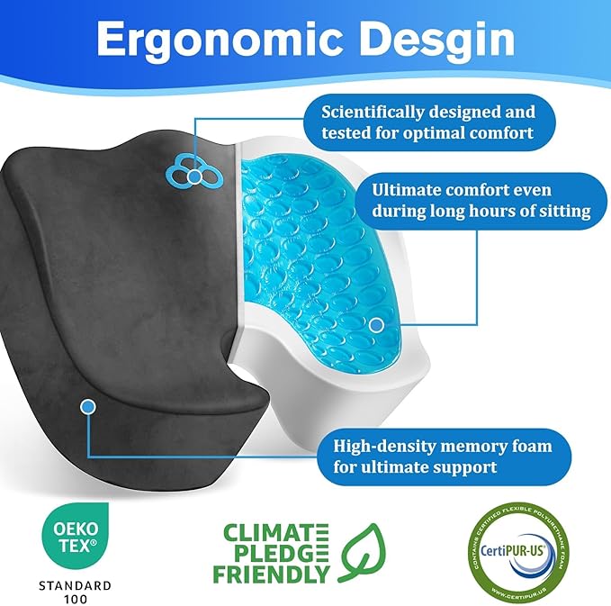 Seat Cushion, Gel Chair Cushions, Office Chair Cushions, Anti-Slip Bottom & Removable Cover Tailbone Pain Relief Cushion, Memory Foam Seat Cushion for Office, Wheelchair, Car (Grey)