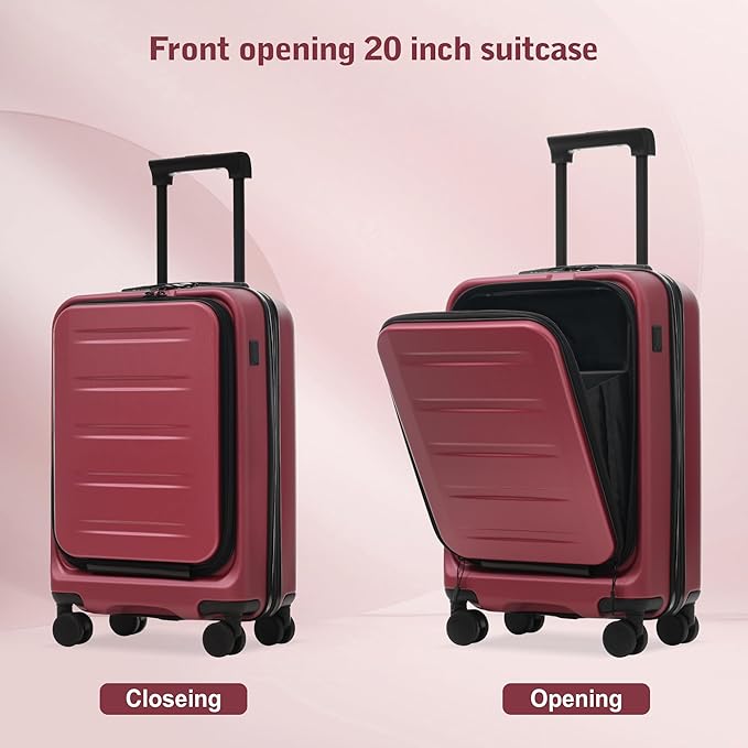 Merax Luggage Sets 5 Piece Front Open, Hardside 20" Carry On Suitcase Set with USB Port,Lightweight Expandable Travel 24" 28" Luggage with Bags TSA Locks Double Spinner Wheels,Red