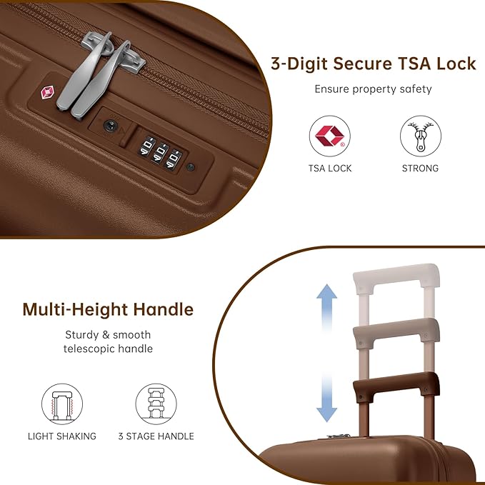 Luggage Sets 3 Piece, Carry On Luggage 22x14x9 Airline Approve PC Hardside Suitcase Set with Wheels TSA Lock, Durable Carry-On Suitcase with Duffel Bag for Women (Mocha)