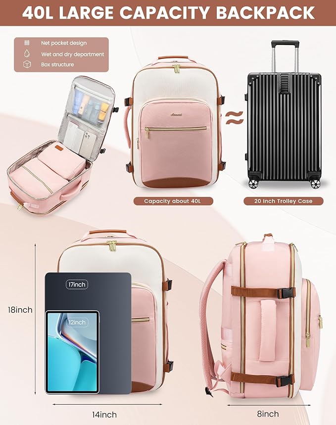 LOVEVOOK 40L Travel Backpack for Women & Men, Airline Approved Carry On Luggage with 3 Packing Cubes, TSA Overnight Bags, Waterproof Personal Item Bag, Weekender Essentials Backpacks fits 17" Laptop