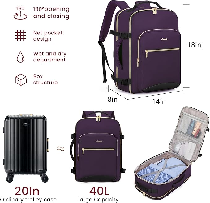 LOVEVOOK 40L Large Travel Backpack for Women Men, 17 Inch Carry on Backpack for Traveling on Airplane, Personal Item Travel Bag Airline Approved, Business Causal Weekender Backpack, Purple-Black