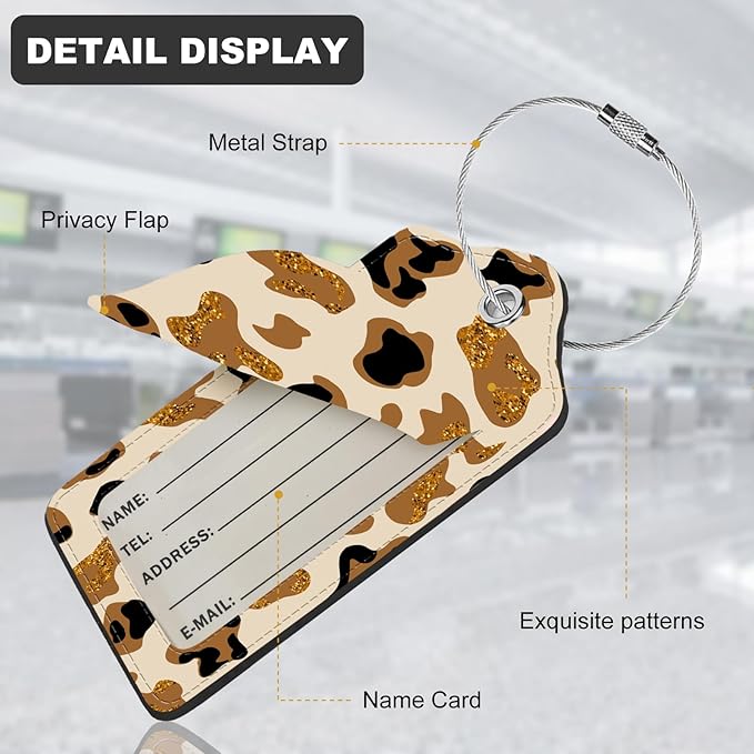 2Pack Luggage Tags for Suitcases, Cute Unique Pu Leather Cruise Luggage Tag with Privacy Cover ID Label Address Card and Metal Ring Suitable for Women Men Kids Travel Bag Brown Leopard Print