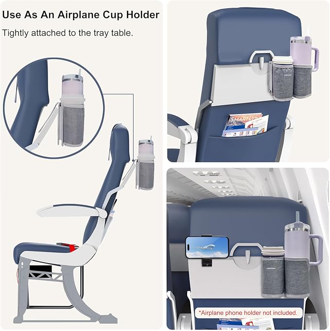 2 in 1 Luggage Cup Holder for Suitcase Airplane Cup Holder for Tray Table Drink Carrier for Stanley Tumblers Coffee Beverage Organizer Luggage Drink Holder Travel Gifts for Women (Gray)