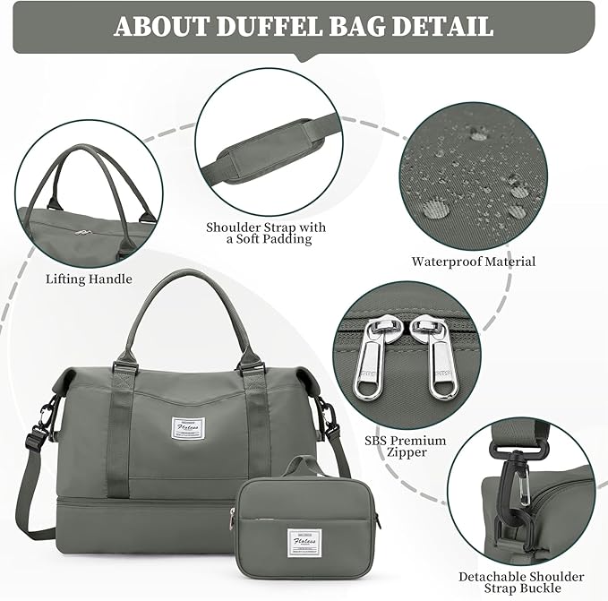 Weekender Bags for Women,Overnight Travel Duffel Bag with Shoes Compartment& Toiletry Bag,Extra Large(Olive Green)
