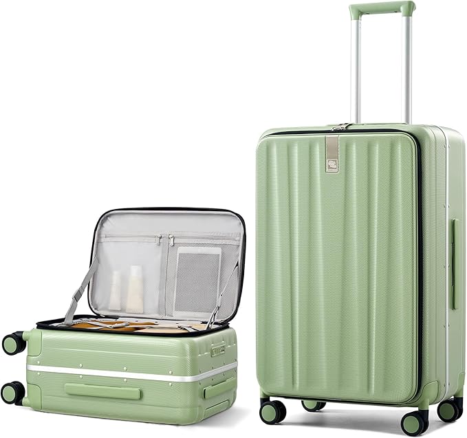 Hanke 26 Inch Large checked Luggage PC Hard Shell luggage Top Opening Aluminum Frame Travel Luggage Suitcases with Wheels for Woman Men.(Bamboo Green)