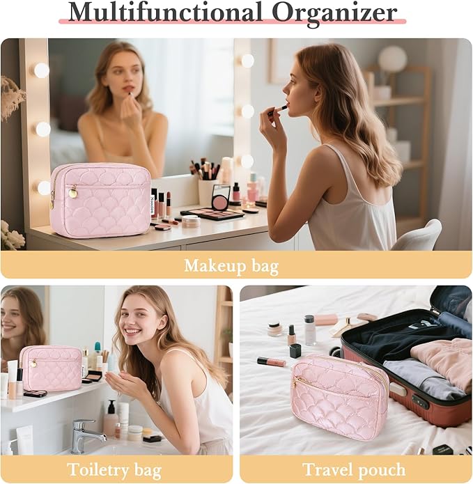 Noozion Makeup Bag Travel Toiletry Bag, Puffy Padded Cosmetic Bag for Women, Makeup Organizer Case, Wide-open Pouch Purse, Travel Essentials