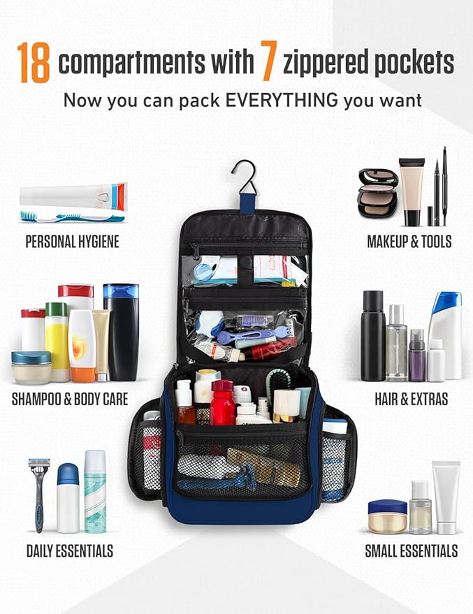 VENTURE 4TH Hanging Travel Toiletry Bag for Women & Men – Large Toiletry Organizer with 18 Compartments, Removable TSA Pouch, Travel Wash Bag for Toiletries, Makeup & Shaving Kit (Navy Blue)