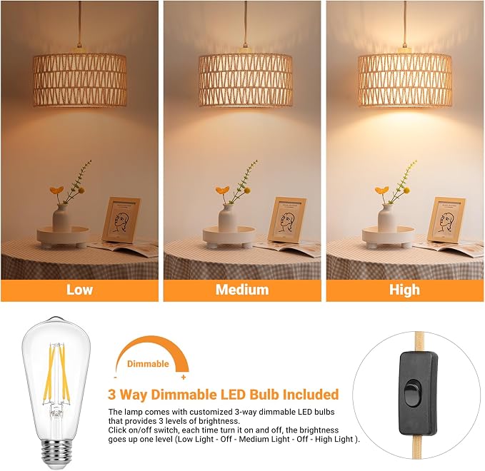 Qingmiao Boho Plug in Pendant Light, Handwoven Shade, 3 Way Bulb, 14ft Cord | Rattan Hanging Lamp Plug in, Dimmable Hanging Light Fixture for Living Room Bedroom Kitchen Ceiling Farmhouse Home Decor