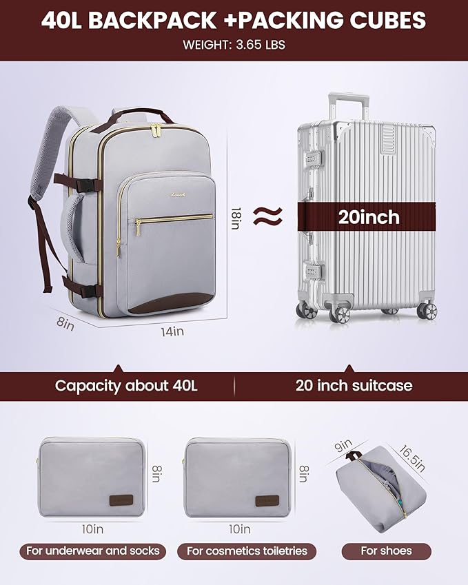 LOVEVOOK Travel Backpack for Women & Men 40L,Airline Approved Carry On Backpack Travel Essential,TSA Carry on Luggage,Personal Item Travel Bag,Suitcase with 3 Packing Cube,Light grey-Dark coffee color