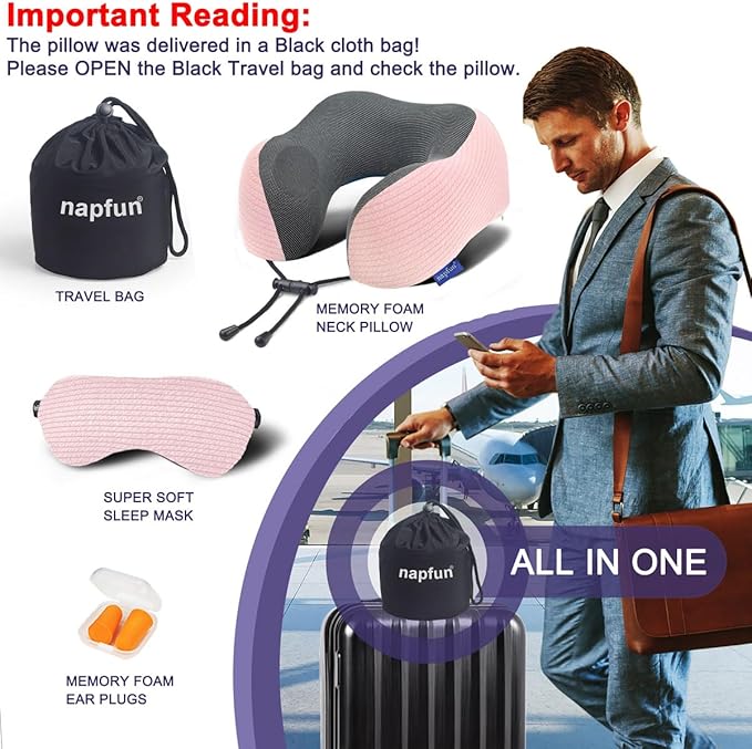 napfun Neck Pillow for Travel with Travel Pouch, Sleep Mask & Earplugs, Memory Foam Airplane Pillow for Headrest Sleep with Eyeshades, Plane Essentials with Eye Blindfold, Pink Striped Kit