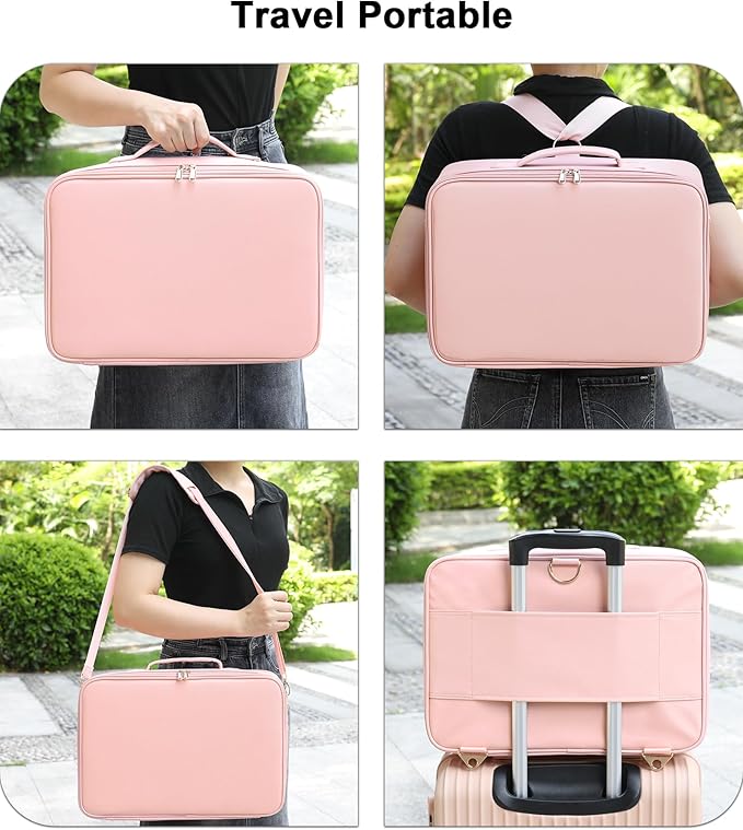Relavel Makeup Bag with LED Mirror, 16.2 inches Large Professional Makeup Case for Makeup Artists, Travel Portable Cosmetic Organizer Storage Box, Vanity Case with 3 Colors Lighted Mirror, Pink