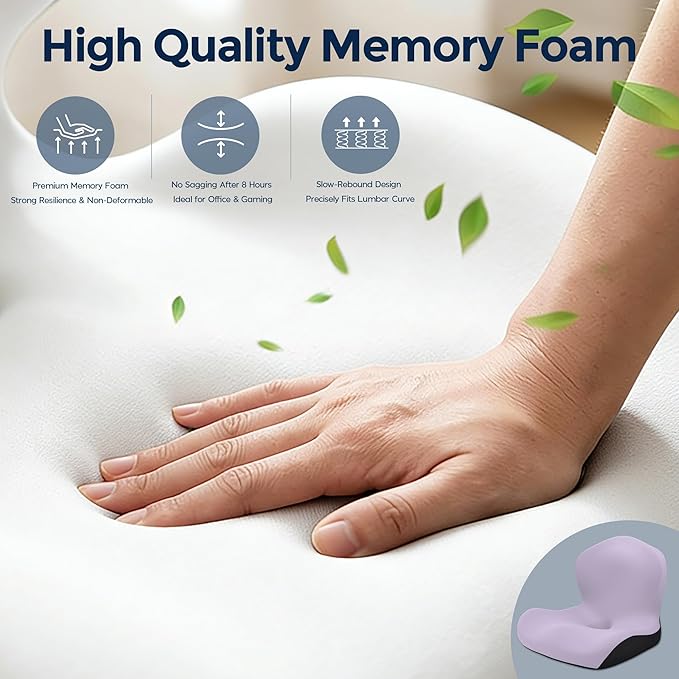 Seat Cushion for Office Chair and Car, L-Shaped Ergonomic Car Seat Cushions, Memory Foam Chair Cushion, Lumbar Support Pillow for Wheelchair, Car, Home, Office, Purple
