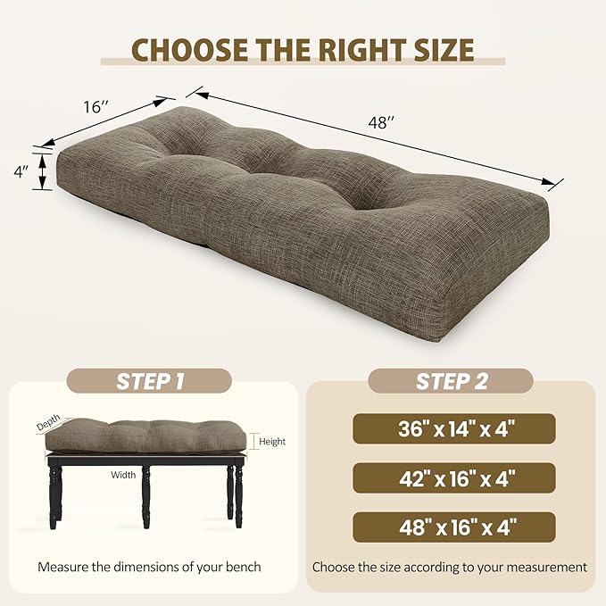 downluxe Indoor Bench Cushion for Indoor Furniture, Non-Slip Tufted Overstuffed Textured Foam Bench Seat Cushion, 48" X 16" X 4", Khaki, 1 Pack