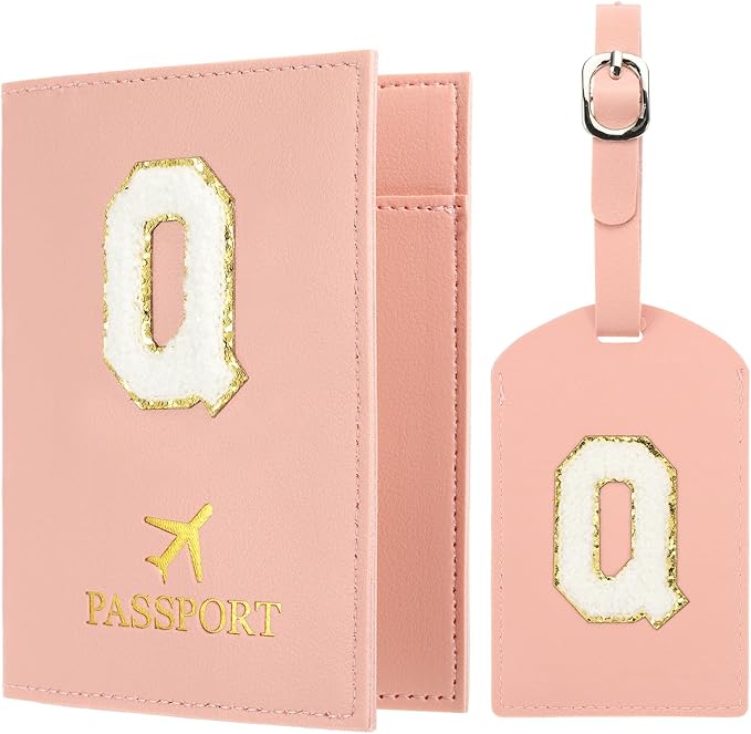 PATIKIL Passport Holder for Travel, Initial Passport Cover and Luggage Tag Set with Alphabet Chenille Letter Patch Travel Wallet Bag Suitcase Identifier for Women Family Travel Pink Q