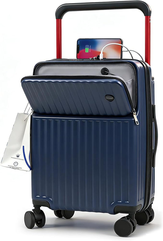 20 Inch Carry On Luggage with Spinner Wheels,PC Hard Shell Suitcase with USB Port,Lightweight Travel Luggage Airline Approved for Men Women (Navy Blue)
