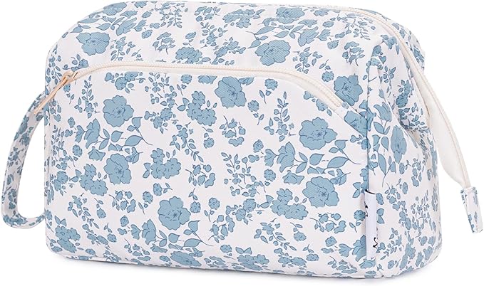 Narwey Cute Floral Makeup Bag Wide-open Make up Bag Travel Cosmetic Organizer Toiletry Bag for Cosmetics Toiletries Accessories (Blue Flower)