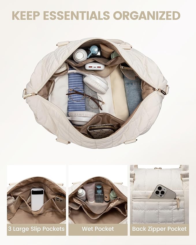 LOVEVOOK Large Duffle Bag for Travel, Puffer Weekend Bags for Women Travel Tote, Carry on Duffel Bag for Airplanes, 18 Inch Personal Item Bag Gym Bag Women, Beige